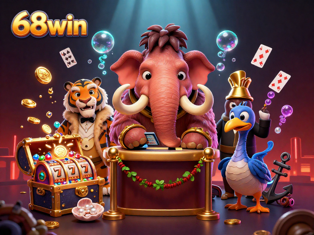 Experience thrilling gameplay with 68win's dazzling casino scene featuring unique characters and vibrant treasures.
