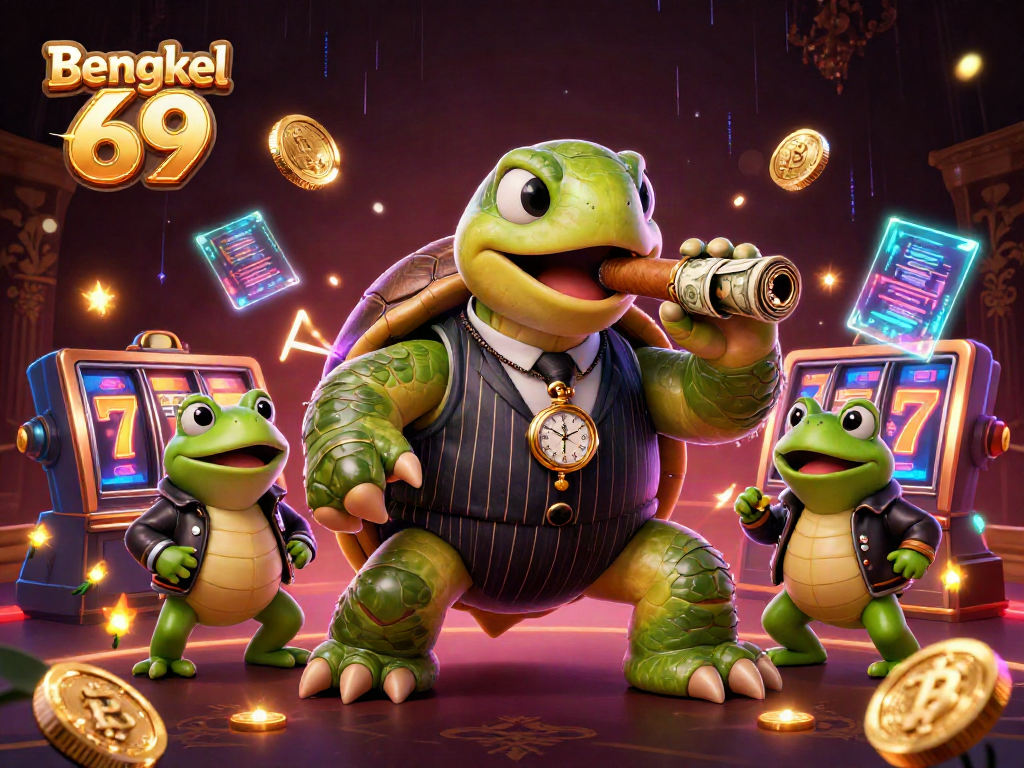 Bengkel 69 shows an engaging 3D casino illustration with a snapping turtle mobster and slot game elements