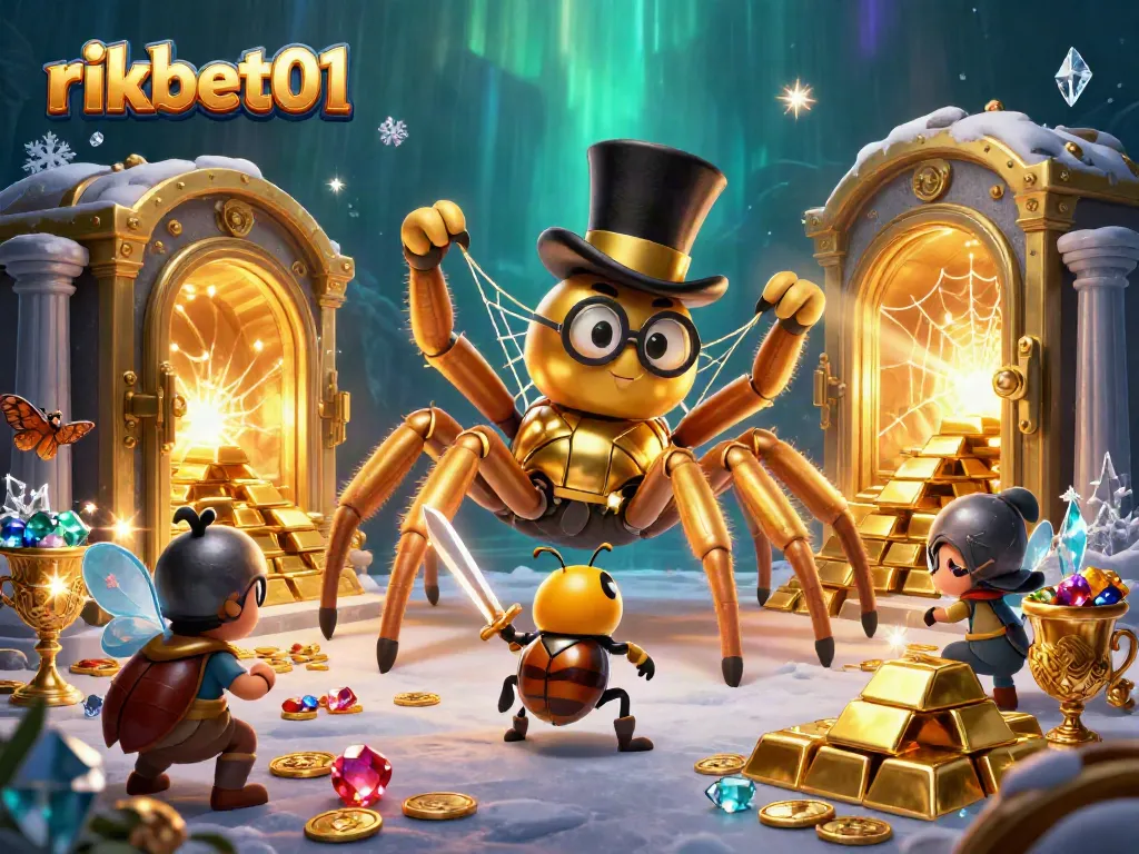 Play exciting games at rikbet01 with giant golden tarantula weaving golden webs among casino treasures.