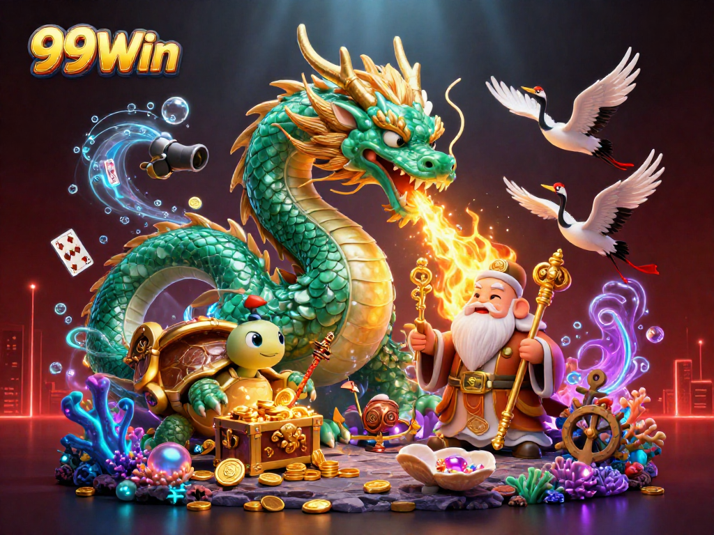 Ignite your luck with the 99Win dragon and cranes amidst a vibrant casino world.