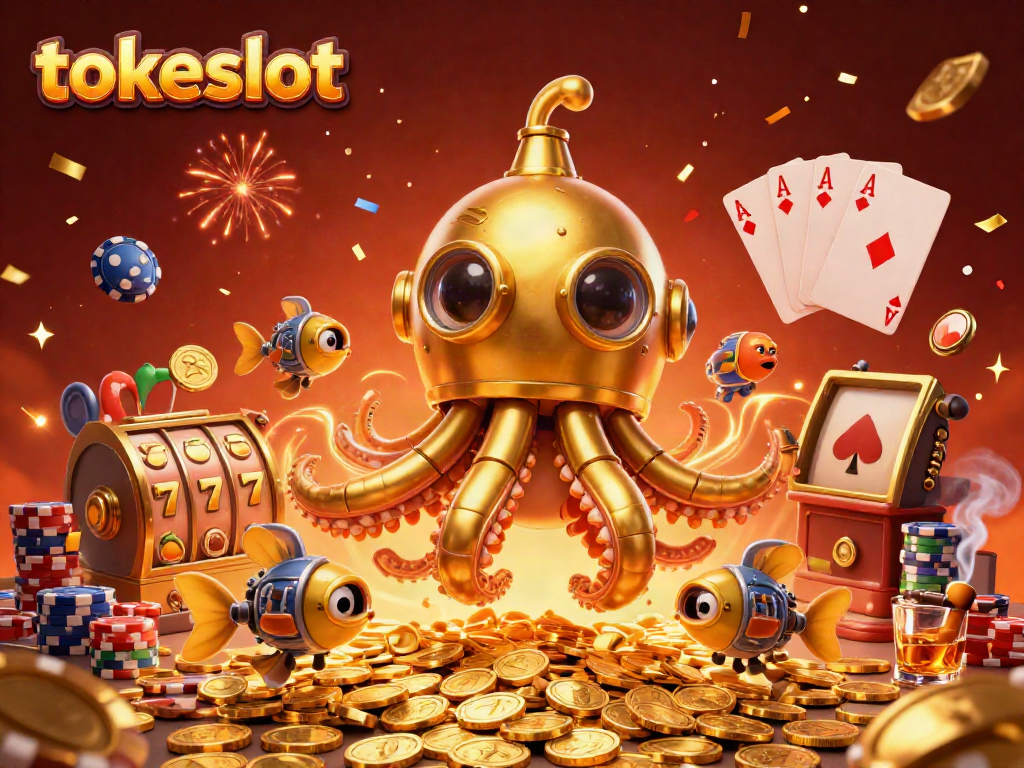Experience vibrant gaming at Tokeslot with a golden kraken submarine amidst coins and slot elements.