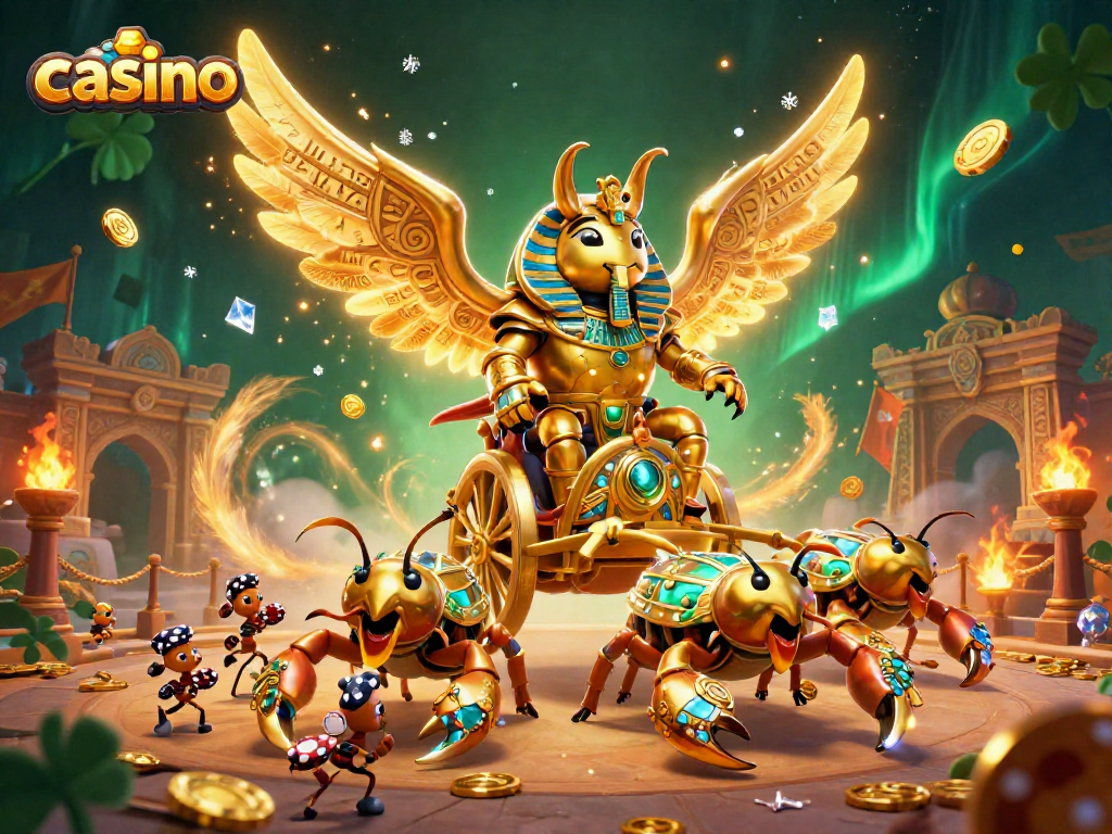 Engage in thrilling casino action with a colossal scarab beetle, surrounded by gold coins and vibrant game elements.