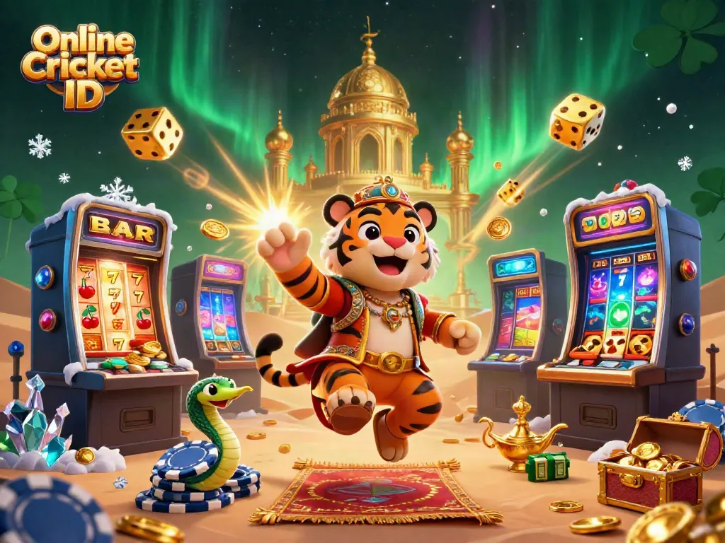 Betting smartly with Online Cricket ID in a magical scene filled with casino games, vibrant colors, and excitement.