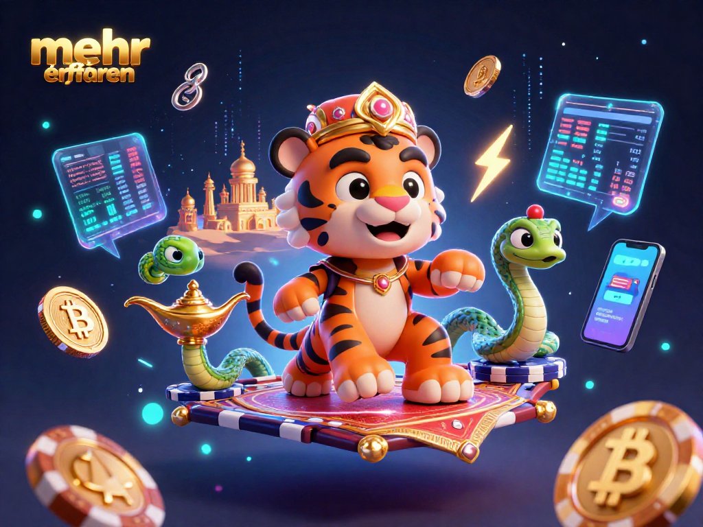Play to win with mehr erfahren showcasing a vibrant 3D casino scene featuring a tiger sultan and crypto elements.