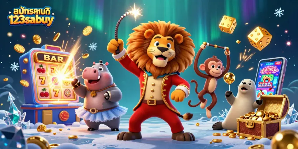 Engage in captivating casino action with สมัครสมาชิก 123sabuy in a vibrant 3D digital scene featuring circus characters.
