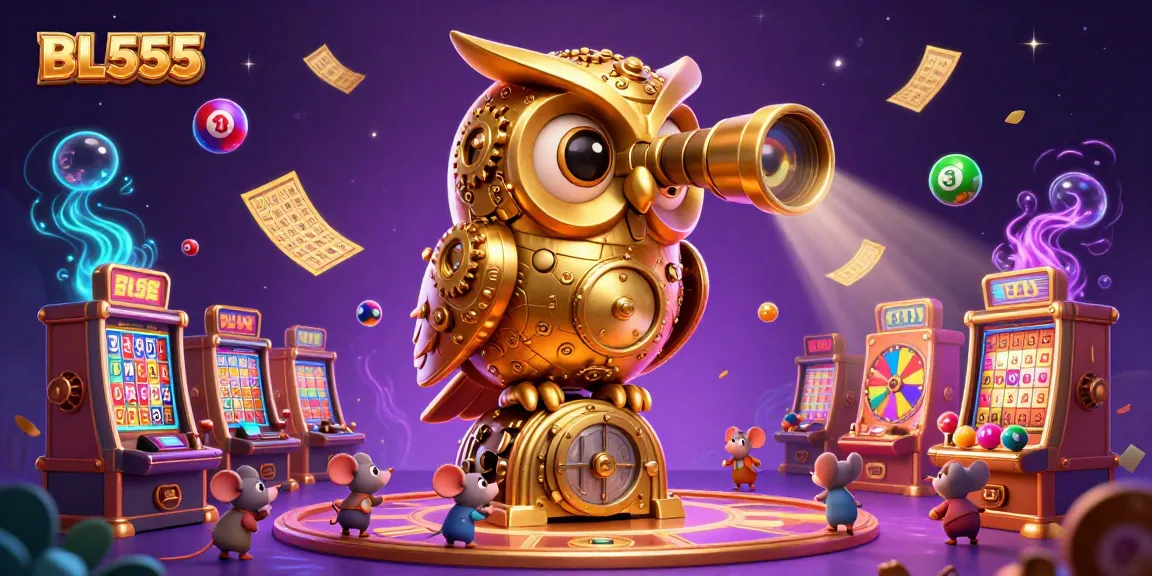 Engage in thrilling gameplay at BL555, featuring a vibrant casino scene with an owl scanning the slot machines.