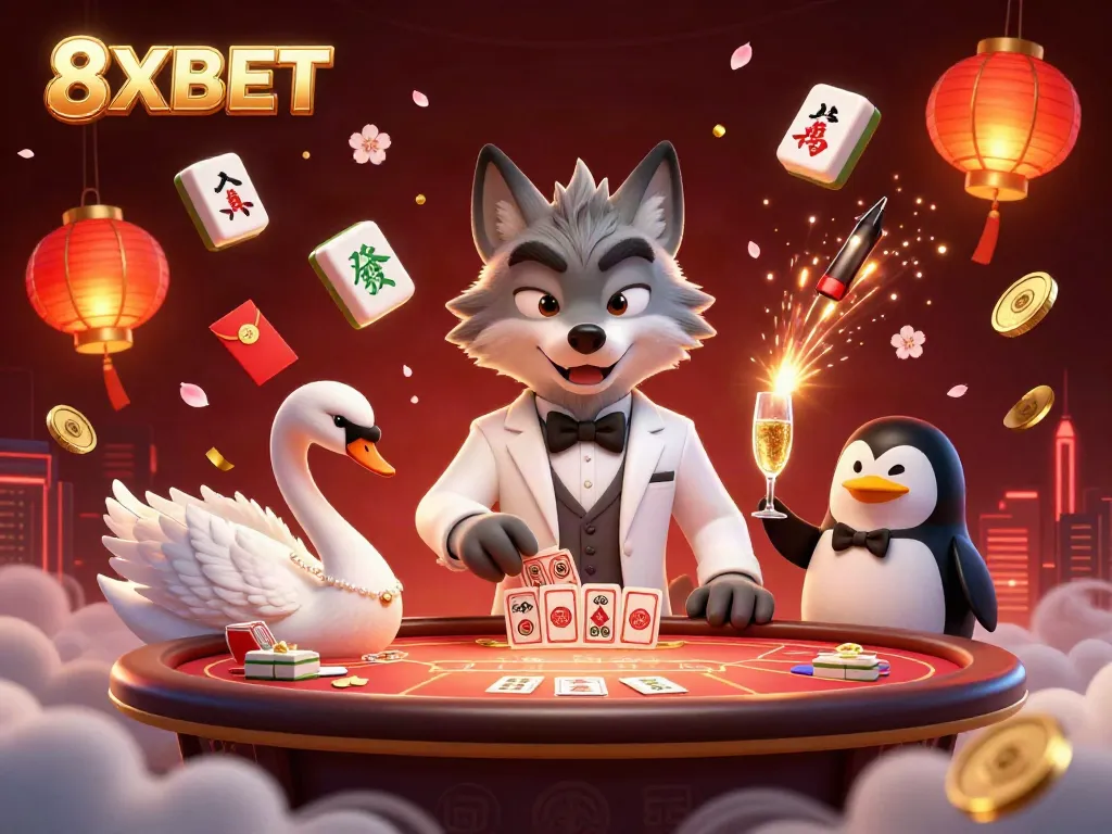 Experience the vibrant world of 8XBET with cartoon characters gambling at a baccarat table, enhancing your play.
