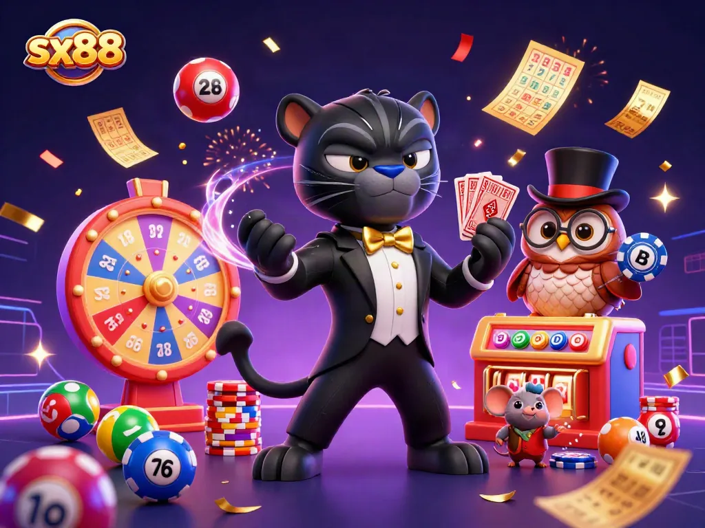 Savor excitement with sx88 featuring a tuxedoed panther dealing cards amidst thrilling casino elements.