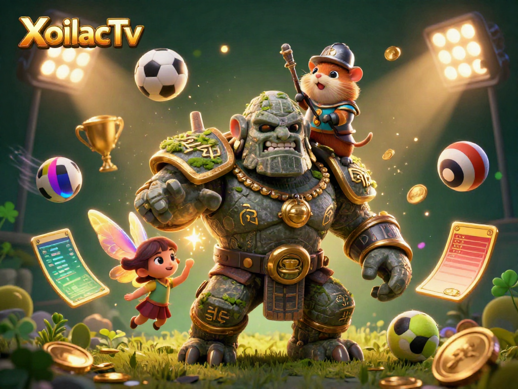 XoilacTv offers thrilling sports betting action in a vibrant 3D illustration showcasing sports elements and characters.