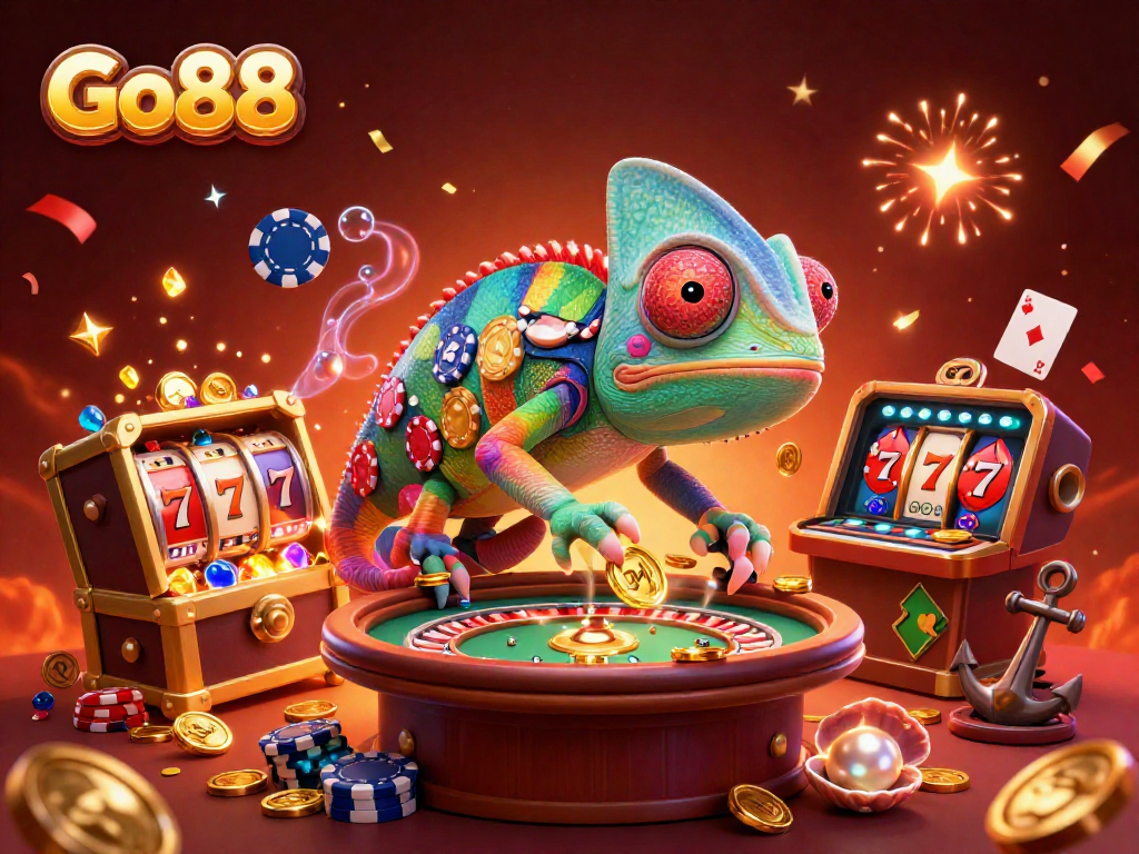 Experience thrilling gaming action with Go88, featuring our vibrant chameleon casino owner in a dynamic casino scene.