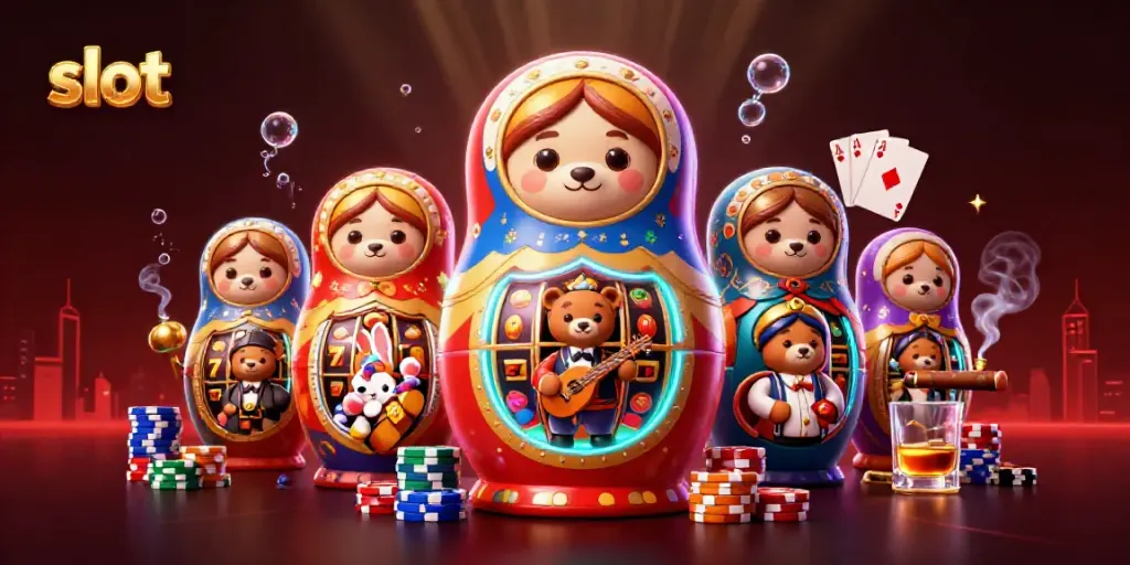 Experience thrilling slots with vibrant Matryoshka bears and bright casino elements.