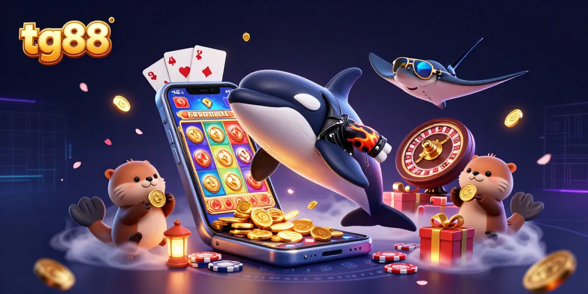 tg88 players celebrate with winnings around a vibrant online casino scene filled with animated elements, coins and games