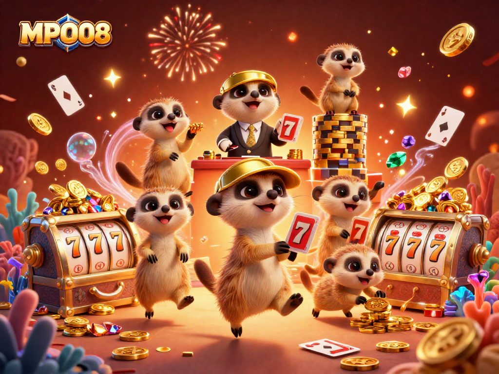 MPO08's playful meerkats manage a vibrant casino, showcasing slot reels and festive elements.