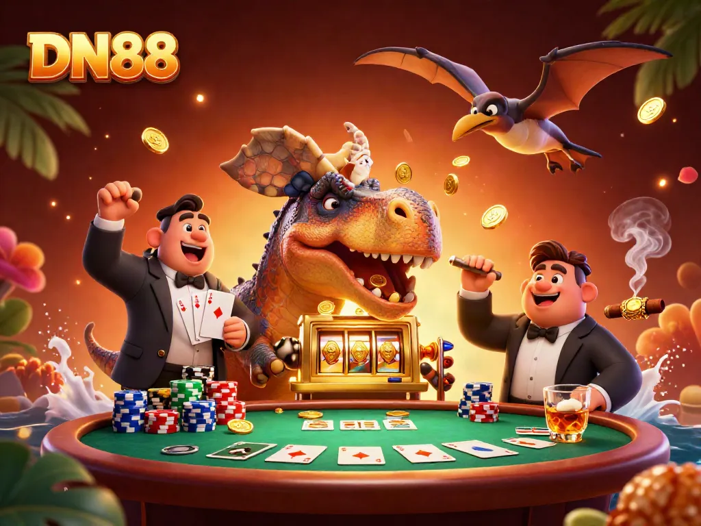 Experience the excitement of DN88 as a cartoon pachycephalosaurus interacts with a golden slot machine amidst a vibrant casino scene.