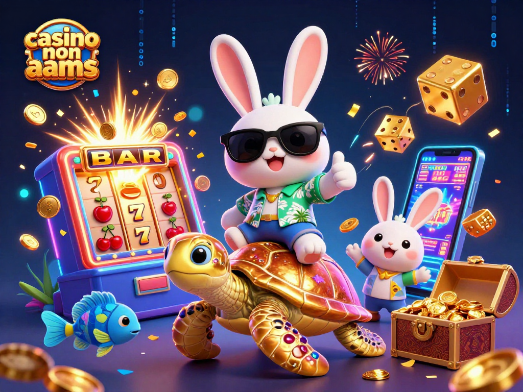 Vivi l'emozione del casino non aams con un coniglio fortunato e una tartaruga dorata in un'illustrazione vivace.