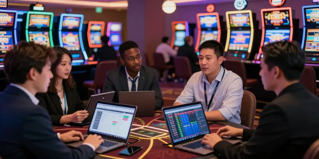 Casino News: Professionals discussing iGaming trends in a vibrant casino.