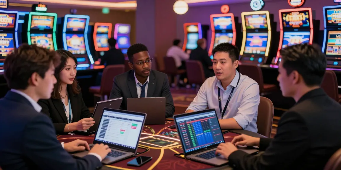 Casino News: Professionals discussing iGaming trends in a vibrant casino.