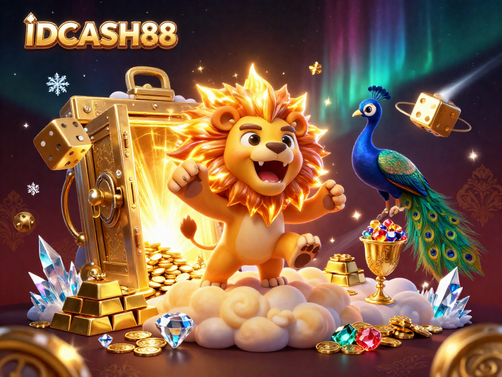 Spin to win with IDCASH88 in a dazzling 3D casino scene filled with treasure and excitement.
