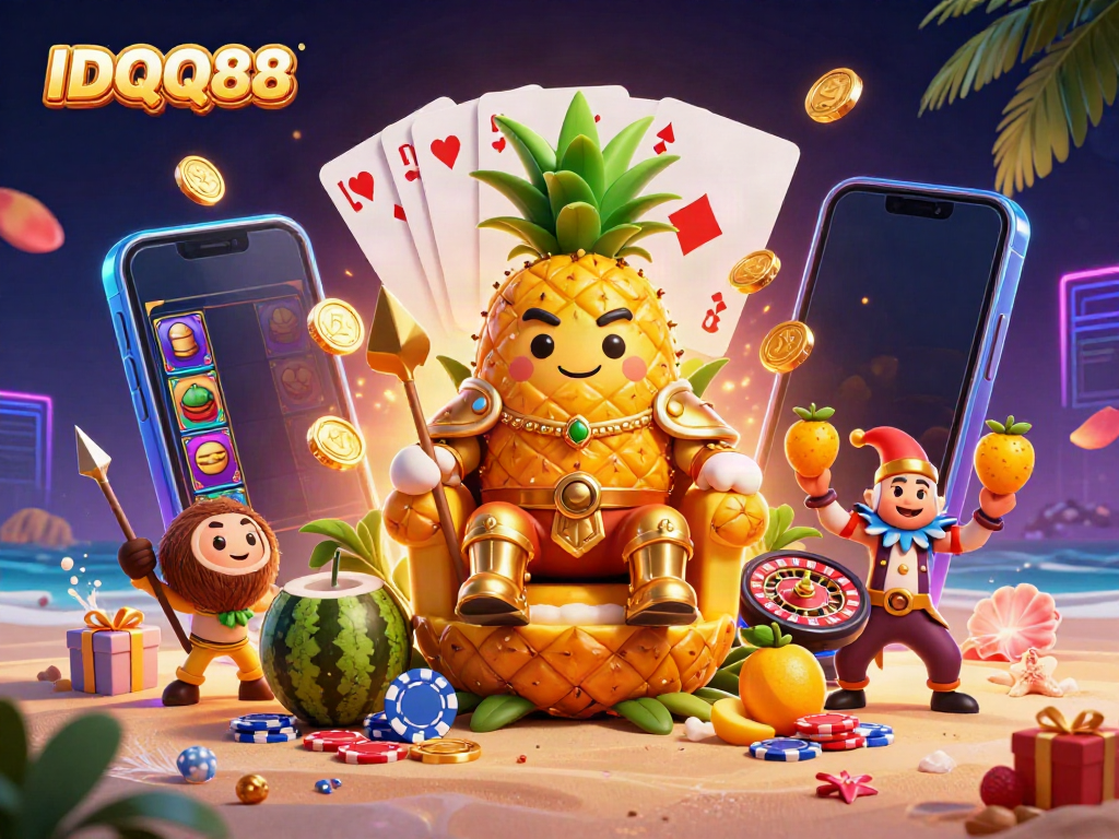 Experience the vibrant IDQQ88 gaming world with the golden pineapple king and exciting slot elements.