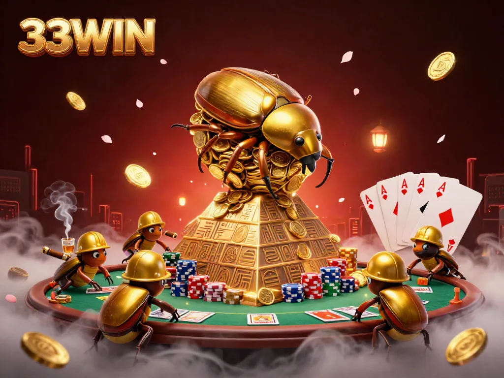 Engage in thrilling gameplay with the rich 33WIN atmosphere of golden coins and vibrant casino elements.