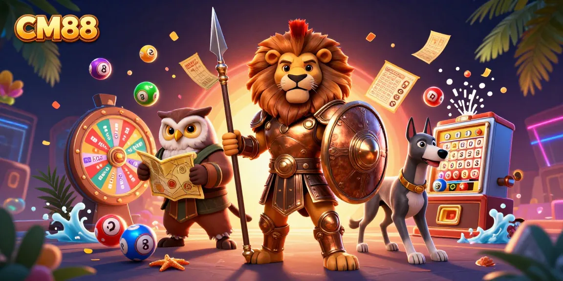 Experience CM88 fun with dynamic scenes of a Spartan lion, owl, and greyhound amidst vibrant lottery symbols.