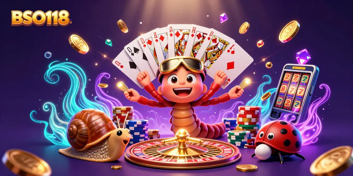 Engage with BSO118's vibrant casino scene featuring a cartoon dealer, high-roller snail, and fun game elements.