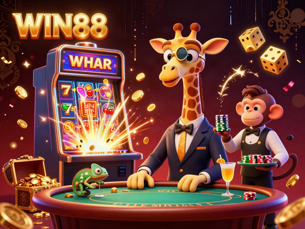 WIN88 online casino scene with a high-roller giraffe, monkey valet, and chameleon bartender amidst casino excitement