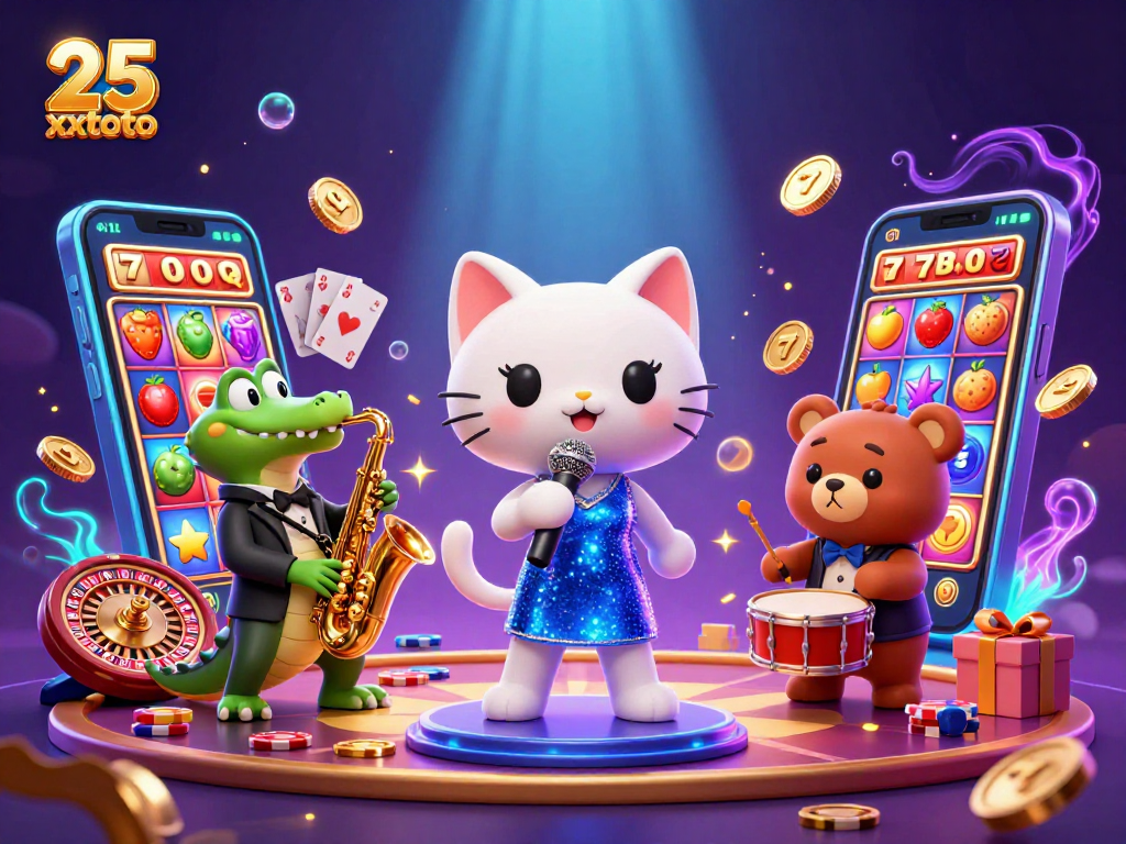 Memenangkan permainan 25 xxtoto dengan slot penuh warna dan ikon kasino, ditunjukkan oleh karakter kartun.