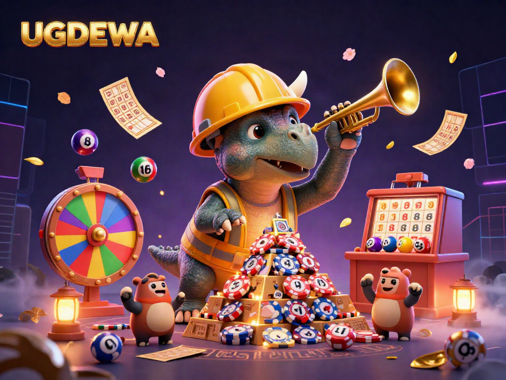 UGDEWA: Celebrate with a triceratops building poker chip towers amidst colorful lottery elements and festive atmosphere.
