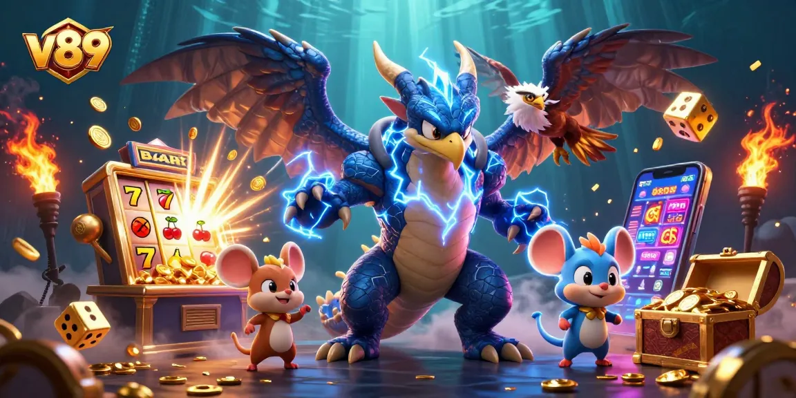 Slot jackpot v89 dengan naga petir dan elang bersinar, penuh keseruan dan keceriaan.
