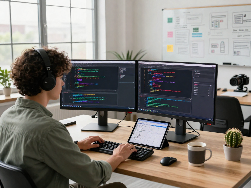 Dynamic tech workspace showcasing spicy ai coding on dual monitors with creative notes and modern decor.