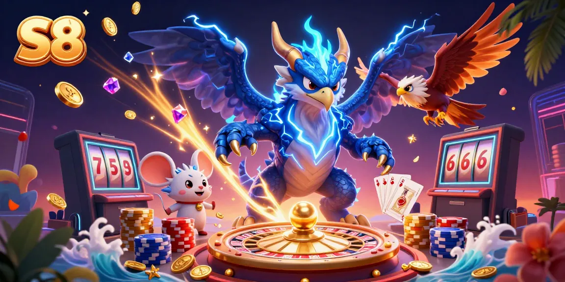 Experience the excitement of S8 with dynamic gaming elements and cartoon characters in an electrifying illustration.