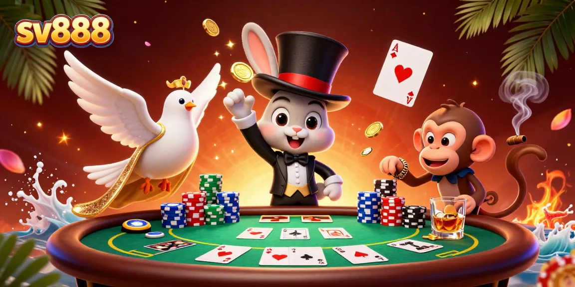 Engage with sv888 through an exciting illustration of a magician rabbit, dove, and monkey in a casino environment.