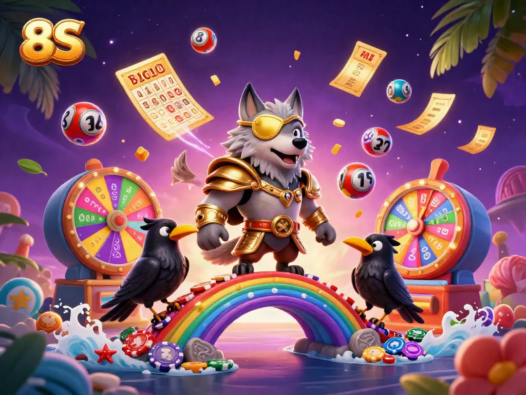 Experience the thrilling world of 8S gaming with a dynamic scene featuring Norse characters, casino chips, and vibrant lottery elements.
