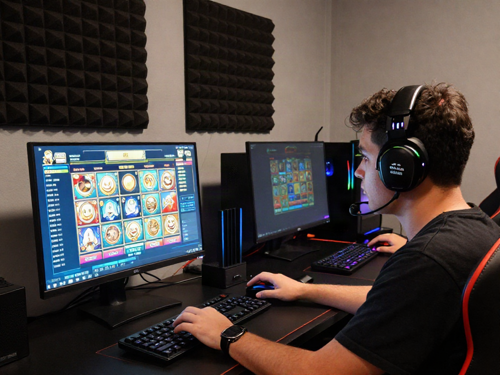 Player focusing on qqmacan slot game at a modern gaming setup