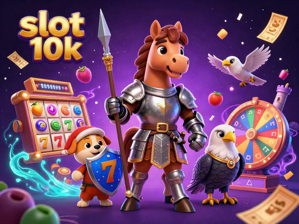 Engage in thrilling gameplay with slot 10k featuring a knight and lively symbols in this vibrant casino illustration.