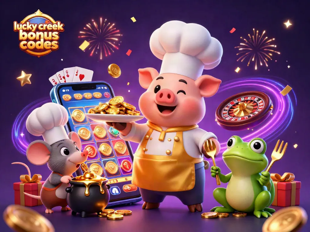 Experience the excitement of lucky creek bonus codes with chefs serving gold coins in a vibrant casino atmosphere.