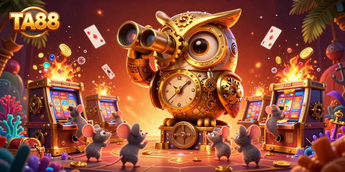 Explore the TA88 casino scene with a golden owl overseeing vibrant slot machines and treasure.