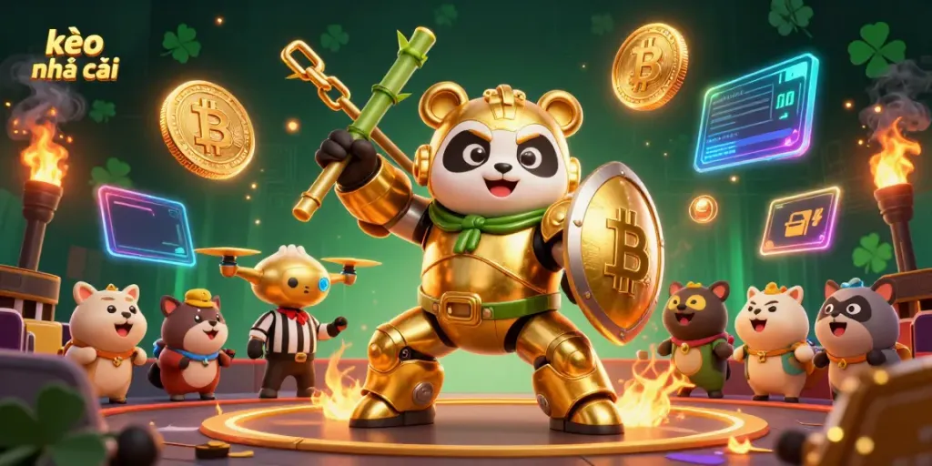 Experience thrilling action with kèo nhà cái as a golden panda pilots a fighting robot surrounded by crypto elements.