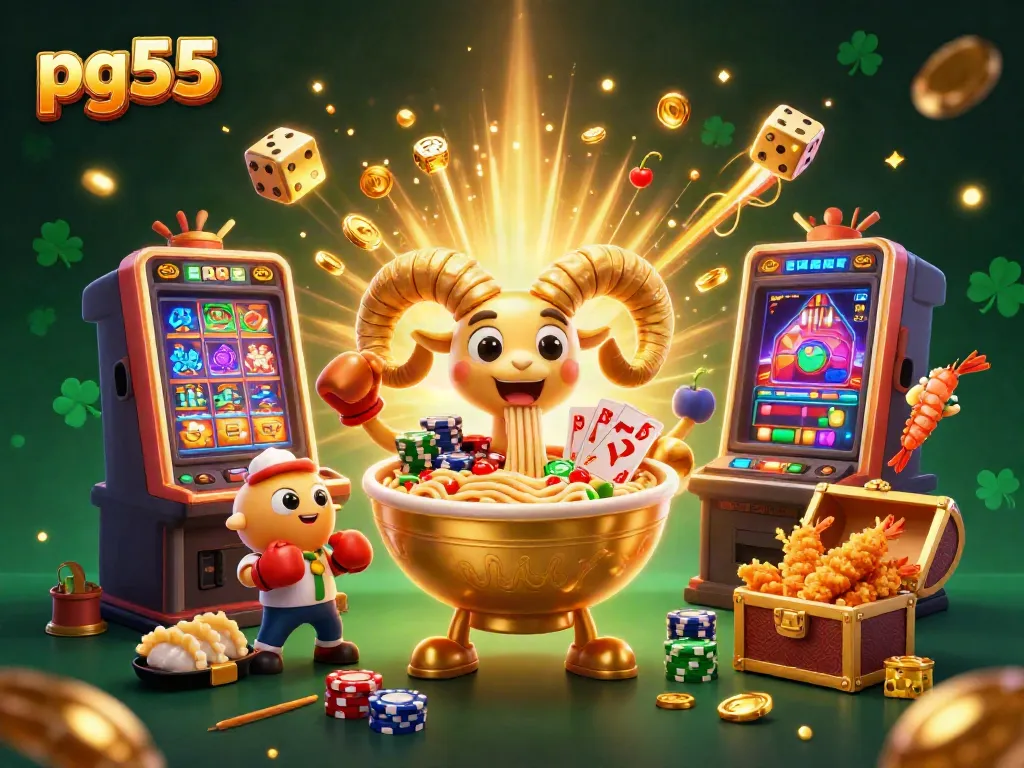 Experience the excitement of pg55 with a vibrant 3D casino illustration of a giant golden ramen bowl and cheerful sushi dealers.
