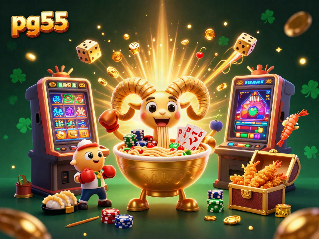 Experience the excitement of pg55 with a vibrant 3D casino illustration of a giant golden ramen bowl and cheerful sushi dealers.