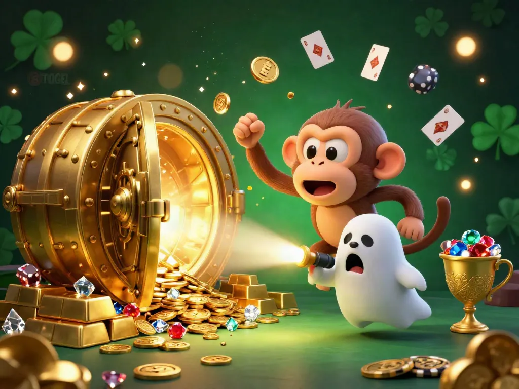 Engage in thrilling 8TOGEL experiences with a playful poltergeist monkey in a haunted casino.