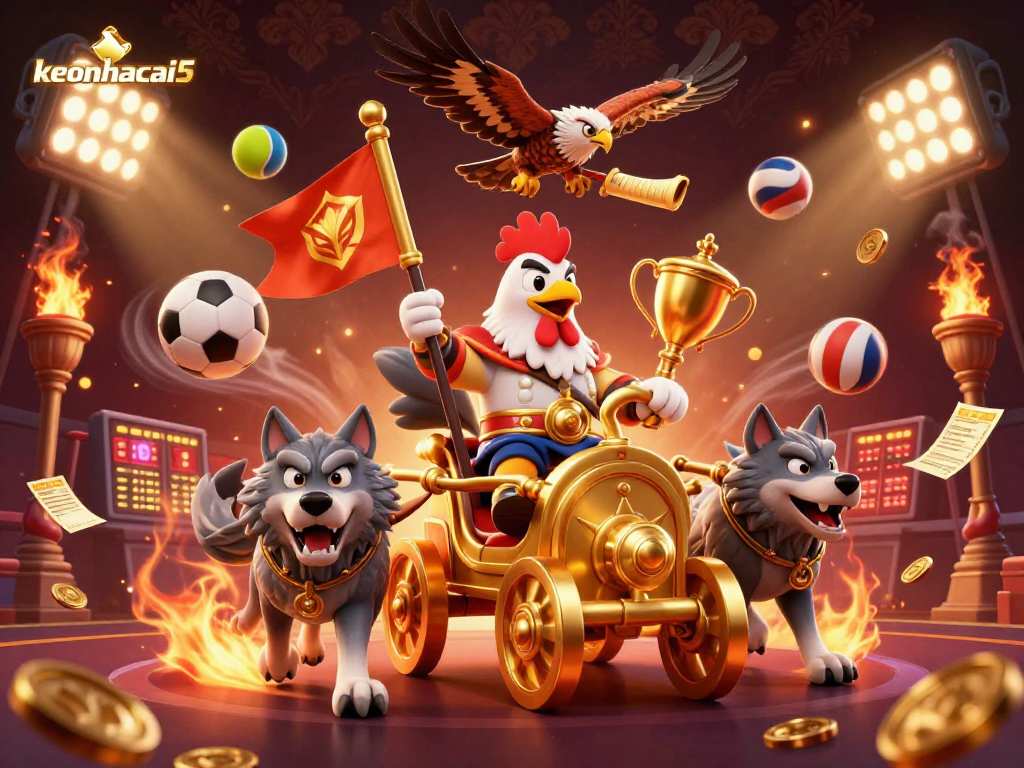 Experience thrilling sports betting with keonhacai5 - dynamic illustration showcasing a warlord, wolves, and sports elements.