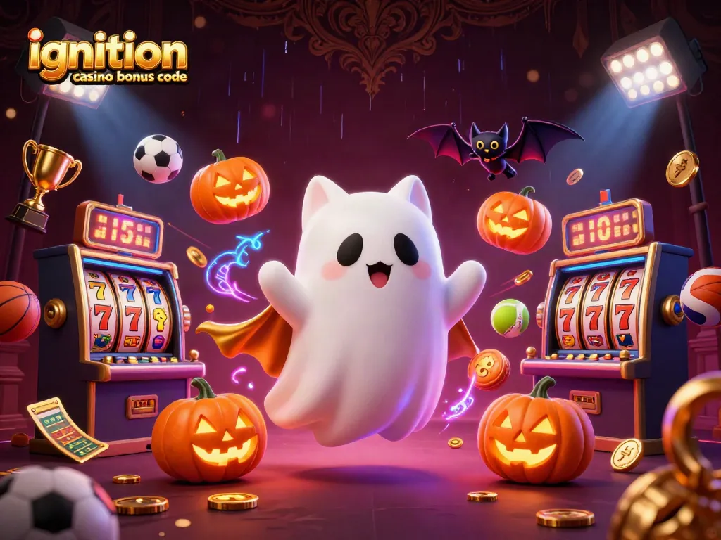 Play with the latest Ignition Casino bonus code at a vibrant haunted casino scene.