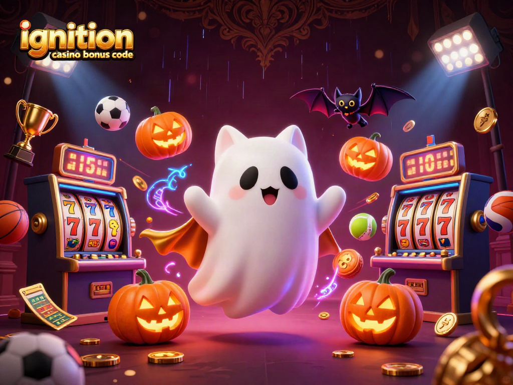 Play with the latest Ignition Casino bonus code at a vibrant haunted casino scene.