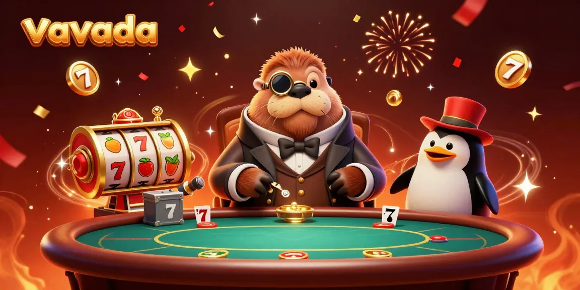 Join the action at vavada with a jolly walrus playing poker, surrounded by vibrant casino elements.