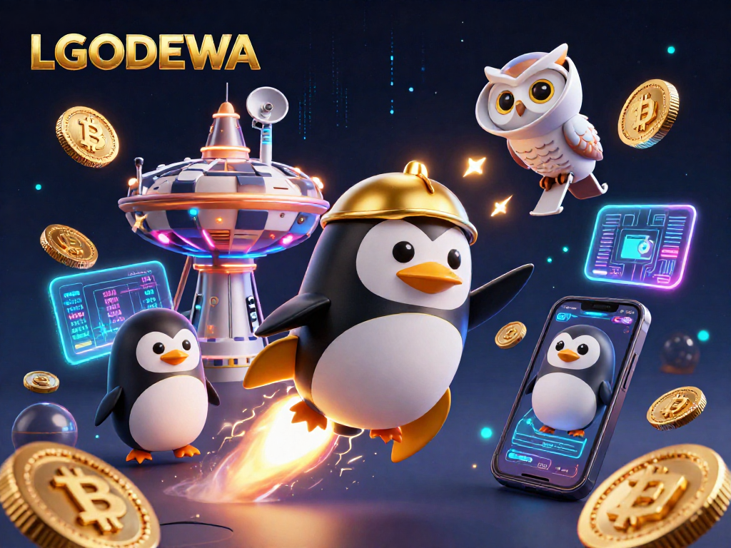 Experience LGODEWA's cosmic casino adventure with a golden penguin and crypto elements.