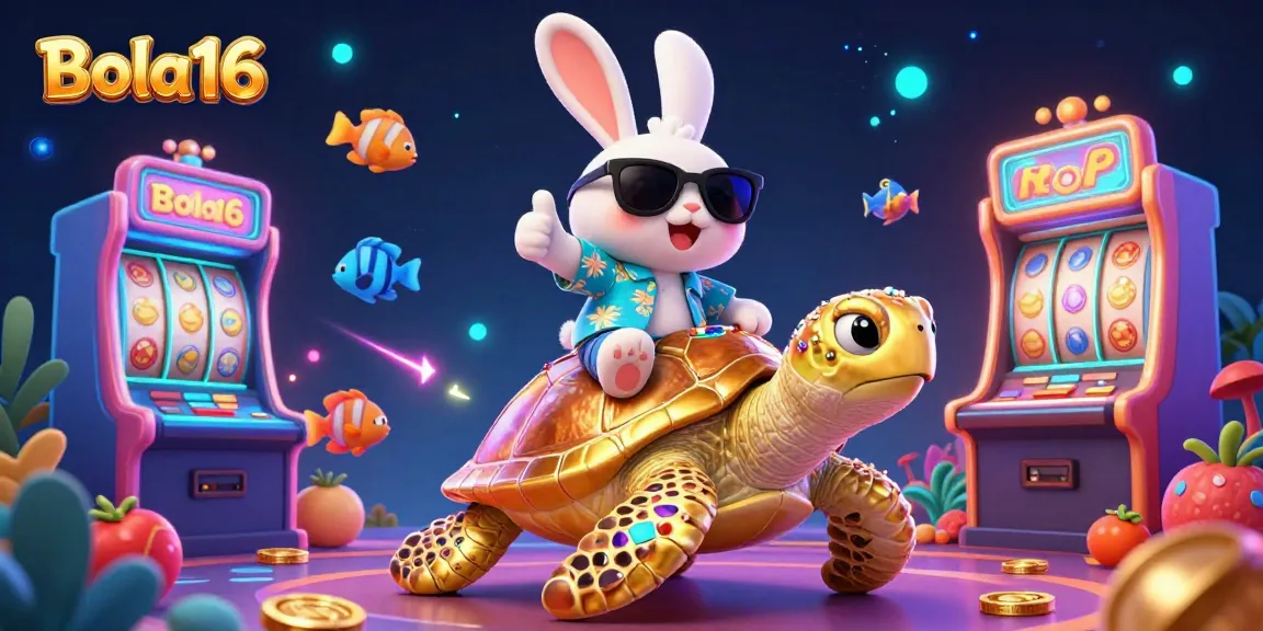Bola16's thrilling casino adventure featuring a lucky rabbit and golden turtle in a vibrant, energetic scene.