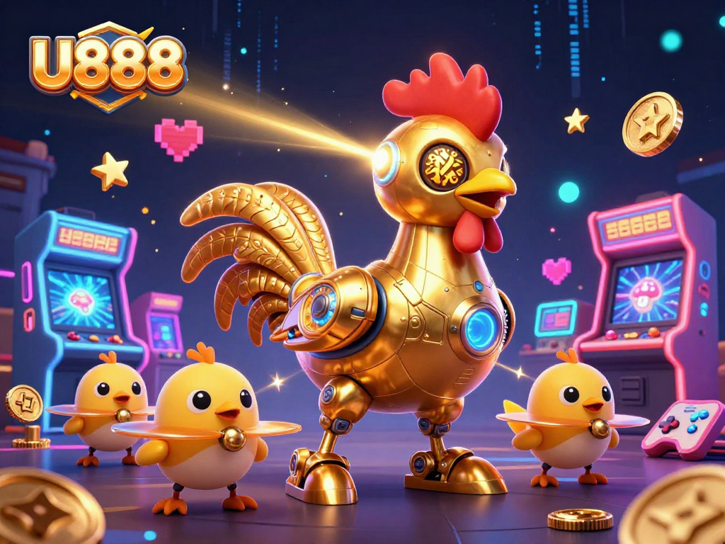 Bet on U888 with a vibrant 3D casino-themed illustration showcasing a futuristic rooster robot and gaming elements.