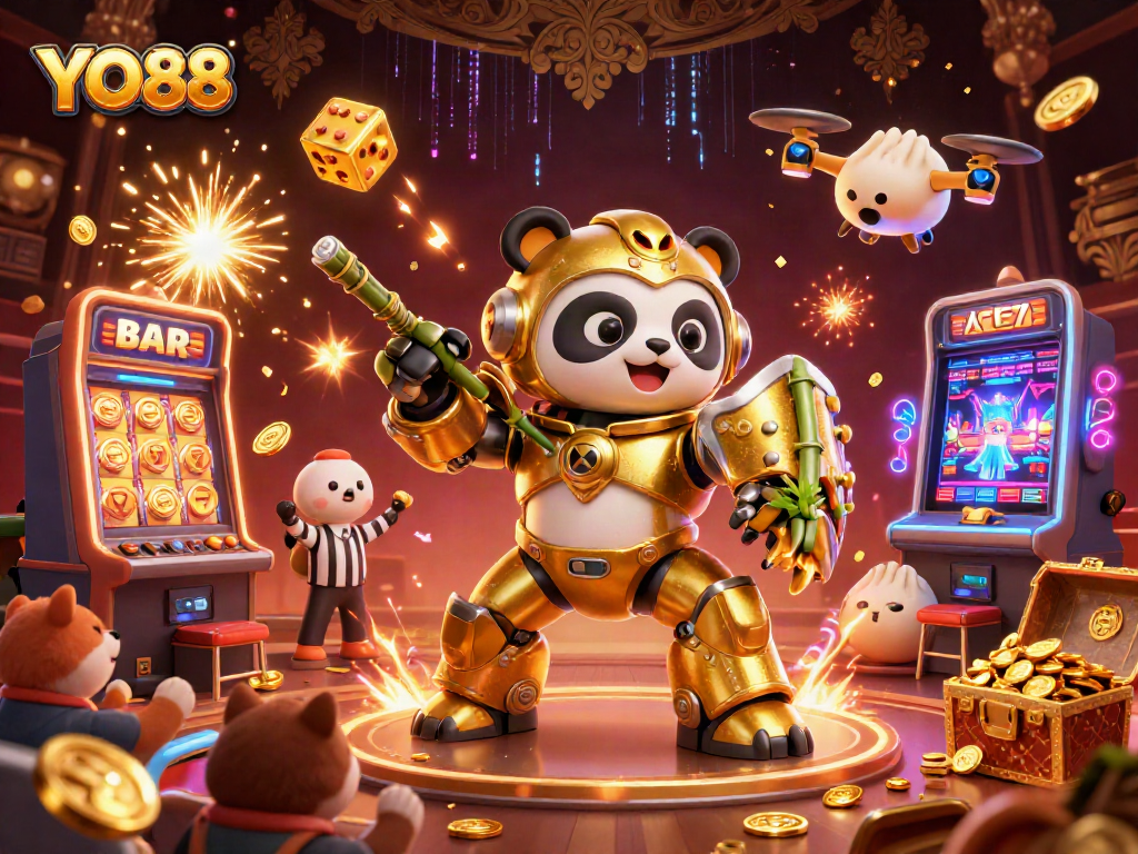 Experience high-energy gaming with YO88's vibrant 3D casino scene featuring animated characters and slot machines.